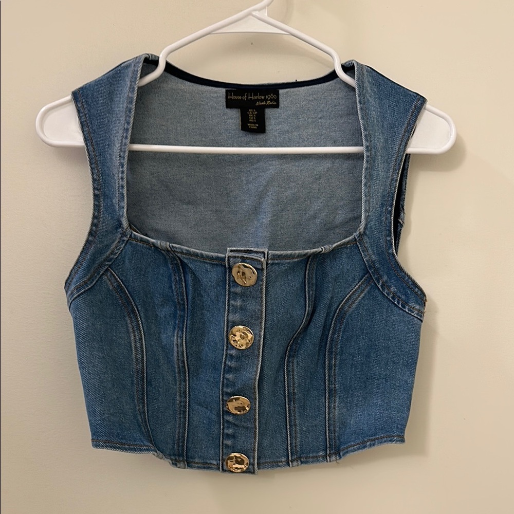 House of Harlow 1960 Blue Denim Crop Top with Gold Buttons